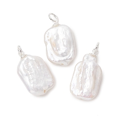 Серебро Подвески из натурального барочного жемчуга кеши, прямоугольные подвески с латунной фурнитурой, белые, серебряные, 21.5~23.5x13~14x6~7.5 мм, Перейти кольцо: 5x1 мм, внутренний диаметр: 3 мм