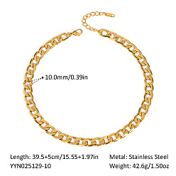 Real 18K Gold Plated 10MM 304 Stainless Steel Cuban Link Chain Necklaces, Real 18K Gold Plated, 15.55 inch(39.5cm)