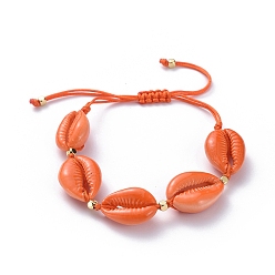 Orange Adjustable Braided Bead Bracelets, with Spray Paint Cowrie Shell Beads, Golden Plated Brass Beads and Nylon Thread, Orange Red, 3.5~9.6cm