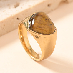 Сердце 304 Кольца из нержавеющей стали и натурального тигрового глаза, золотые, сердце, размер США 7 (17.3 мм)