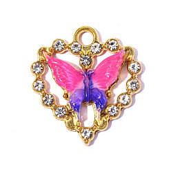 Темно-Розовый 304 из нержавеющей стали горный хрусталь подвески, Сердце из смолы с подвесками в виде бабочек, ионное покрытие (ip), зеркальная полировка, реальный 18 k позолоченный, темно-розовыми, 22x21 мм, отверстие : 2.6 мм