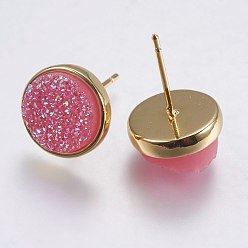 Ярко-Розовый Серебристые серьги, с латунной найти, плоско-круглые, ярко-розовый, 9.5x16~16.5 мм , штифт: 0.8 мм