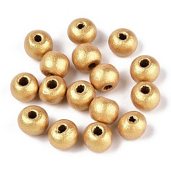 Золотистый Круглые бусины из натурального дерева схима, окрашенные распылением, золотые, 6~6.5x4.5~5 мм, отверстие : 1.6~1.8 мм