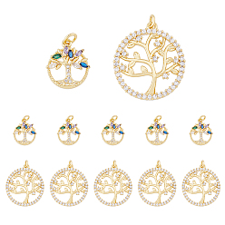 (52) Непрозрачная лаванда 12 шт 2 стили латунные подвески из микропаве с фианитом, реальный 18 k позолоченный, долговечный, с целью перехода в кольце, кольцо с подвеской в виде дерева, разноцветные, 16~25x13~23x3~4 мм, отверстие : 3 мм, 6 шт / стиль
