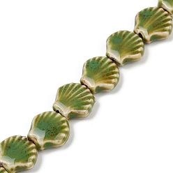 Светло-зеленый Коричневый Фарфора ручной работы бисер нитей, формы раковины, оливковый, 13.5x13~14x6 мм, отверстие : 1.8 мм, около 28 шт / нитка, 14.37'' (36.5 см)