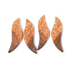 Темно-Оранжевый Большие подвески из непрозрачной смолы и орехового дерева, лист прелести, с блестящей пудрой и золотой фольгой, темно-оранжевый, 51~51.5x15x3.5 мм, отверстие : 1.8 мм