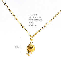 Others 304 Stainless Steel Pendant Necklaces for Women, Real 18K Gold Plated, Globe, 17.72 inch(45cm), pendant: 16.7mm