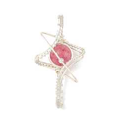 Green Jade Dyed Natural Green Jade Copper Wire Wrapped Pendants, Star Charms, Silver Color Plated, Pink, 42.5~43.5x22.5~23x12~13mm, Hole: 8~9x3~3.5mm