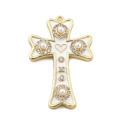 Белый Латунные микро проложить кубического циркония подвески, крестик с сердечками, с бусинами из эмали и абс пластика, без свинца и без кадмия, долговечный, реальный 18 k позолоченный, белые, 30x19x3.5 мм, отверстие : 1.4 мм