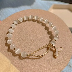 Белый Браслеты из круглого бисера «кошачий глаз», браслеты с подвесками из сплава «рыбий хвост» для женщин, белые, 8-1/4x1/4 дюйм (21x0.8 см)