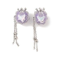 Lilac Handmade Polymer Clay Rhinestone Beads, with Glitter, Resin & Acrylic & Glass Cabochon & Alloy Chain, Rose with Crown & Fishtail, Lilac, 60~69mm