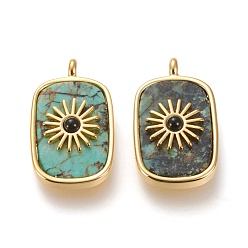 Африканский Бирюза(яшма) Подвески из натуральной африканской бирюзы (яшмы) и окрашенного и нагретого черного агата, с настоящими 18 к золотыми медными выводами, долговечный, прямоугольник с солнцем, 27x16.8x6 мм, отверстие : 3 мм