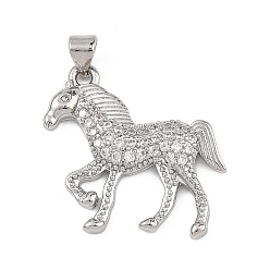 Платина Латунные микропаве прозрачные подвески с фианитом, лошади прелести, платина, 24x25.5x4 мм, отверстие : 3x2.5 мм