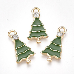 Green Alloy Pendants, Cadmium Free & Lead Free, with Rhinestone and Enamel, Christmas Tree, Crystal, Light Gold, Green, 21x11x3mm, Hole: 2mm