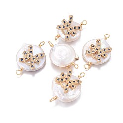 Pisces Natural Pearl Links connectors, with Brass Micro Pave Cubic Zirconia Findings, Flat Round with Constellation, Golden, Marine Blue, Pisces, 20~26x9~17x5~11mm, Hole: 1.6mm