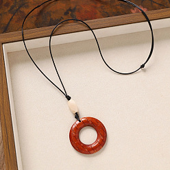 Ring Деревянная подвеска, черный вощеный шнур, длинные цепочки для женщин, кольцо, 31.50 дюйм (80 см), Кулон : 75x45 мм