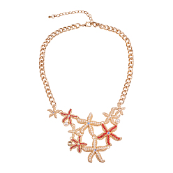 Golden Alloy Bib Statement Necklaces, with Acrylic Beads and Rhinestone, Iron Curb Chain, Starfish, Golden, 17.9 inch(45.5cm), 1pc/box