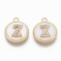 Letter Z Brass Micro Pave Cubic Zirconia Pendants, with Shell, Flat Round with Letter, Nickel Free, Clear, Creamy White, Real 18K Gold Plated, Letter.Z, 17x14x4mm, Hole: 1.8mm