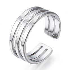 Stainless Steel Color Non-Tarnish 304 Stainless Steel Triple Line Open Cuff Ring, Hollow Chunky Ring for Women, Stainless Steel Color, US Size 7 3/4(17.9mm)
