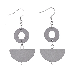 Серый Расписные деревянные серьги с подвесками, с обручем из нержавеющей стали, кольцо и половина раунда, серые, 64.6 мм, штифты : 0.7 мм