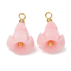 Pink Окрашенные синтетические коралловые подвески, Подвески в виде цветов с латунными петлями, реальный 18 k позолоченный, розовые, 22x13 мм, отверстие : 3 мм
