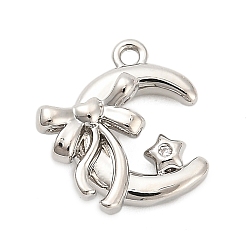 Платина Латунные микро проложить кубического циркония подвески, луна с бантом и подвесками в виде звезд, платина, 15x13x4.5 мм, отверстие : 1.3 мм