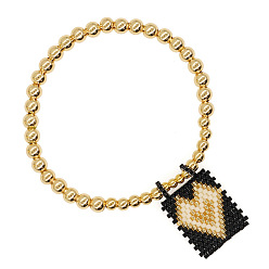 Черный Богемные стеклянные браслеты с подвесками из бисера, латунные круглые бусины эластичные браслеты для женщин, Прямоугольник с сердцем, золотые, чёрные, регулируемый