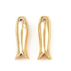 Настоящее золото 18K Латунные бусины из фианита, рыба, реальный 18 k позолоченный, 14x5x4 мм, отверстие : 1.8 мм