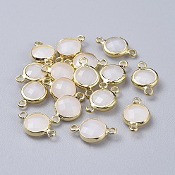 Белый Золотистые латунные стеклянные соединители, граненые, плоско-круглые, белые, 15x8.5x3.5 мм, отверстие : 1.5 мм