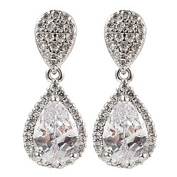 Кадет Синий Серьги-гвоздики из латуни с микропаве и кубическим цирконием, покрытие стойки, слеза, кадетский синий, 24x10 мм