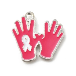 Palm Розовая лента осведомленности о раке молочной железы, подвески из сплава с эмалью, серебряные, ладонь, 22x23x1.5 мм, отверстие : 1.8 мм