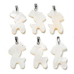 WhiteSmoke Natural Freshwater Shell Pendants, Deer Charms with Platinum Plated Alloy Snap on Bails, WhiteSmoke, 30x18x3mm, Hole: 5.5x2mm