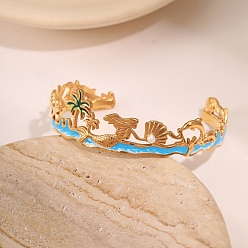 Настоящее золото 18K 304 эмалированные браслеты-манжеты из нержавеющей стали для женщин, кокосовая пальма и русалка, с ABS имитации жемчуга, без кадмия, без никеля и без свинца, ионное покрытие (ip), реальный 18 k позолоченный, внутренний диаметр: 2-1/4x2 дюйм (5.8x5.2 см)