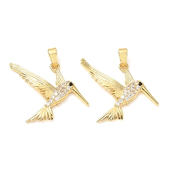 Настоящее золото 18K Латунные микропаве прозрачные подвески с фианитом, без кадмия и без свинца, птица, реальный 18 k позолоченный, 22x28x3 мм, отверстие : 5x2.5 мм