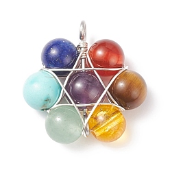 Платиновый & Серебристый Природные и синтетические смешанные каменные подвески, натуральный красный агат, тигровый глаз, аметист, зеленый авантюрин и лазурит, синтетическая бирюза и цитрин, с 304 фурнитурой из нержавеющей стали, звезда очарование, Платина и серебро, 21x21x6.5 мм, отверстие : 2.3 мм