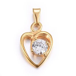 Golden 304 Stainless Steel Pendants, with Cubic Zirconia, Heart, Clear, Golden, 18x12.5x5mm, Hole: 5x3mm