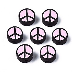 Pink Handmade Polymer Clay Beads, Flat Round with Peace Sign, Pink, 9~10x4.5mm, Hole: 1.6mm