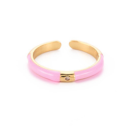 Pearl Pink Brass Enamel Cuff Rings, Open Rings, with Clear Cubic Zirconia, Nickel Free, Golden, Pearl Pink, US Size 8(18.1mm)