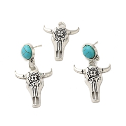 Античное Серебро Наборы серег-гвоздиков с подвесками из синтетической бирюзы и сплава крупного рогатого скота, 316 украшения из стальной иглы для женщин, античное серебро, 49x26 мм