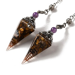 Тигровый глаз Натуральный маятник с тигровым глазом большие подвески, cmолой, кристалл аметиста и кварца, шестиугольный конус, 300 мм, отверстие : 1.5 мм