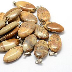 Пейзажный Джаспер Лошадь глаз естественный рисунок яшмы подвески, с латунной фурнитурой платинового цвета, 27~30x12~15x5~6 мм, отверстие : 2x7 мм