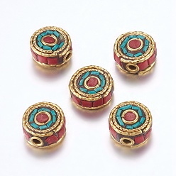 Зеленый Индонезийские бусины ручной работы, с латунной фурнитурой , без никеля , плоско-круглые, без покрытия, зелёные, 12x6~7.5 мм, отверстие : 2 мм