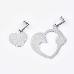 Stainless Steel Color 201 Stainless Steel Split Pendants, for Lovers, Heart with Heart, with Word Love, For Valentine's Day, Stainless Steel Color, 27.5x29.5x1mm, Hole: 8x4mm
