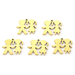 Golden PVD Vacuum Plating 304 Stainless Steel Charms, Laser Cut, Brother and Sister, Real 18K Gold Plated, 13x15x1mm, Hole: 1mm
