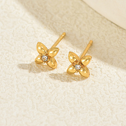 Настоящее золото 18K Серьги шпилька нержавеющая сталь, четыре листа клевера, с четким кубического циркония, реальный 18 k позолоченный, 5x5 мм