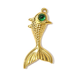 Настоящее золото 18K 304 подвески из нержавеющей стали, со стеклом, очарование рыбы, ионное покрытие (ip), реальный 18 k позолоченный, 36~37x17 мм