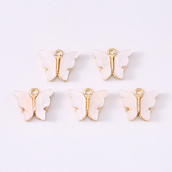 Floral White Alloy Acrylic Pendants, Butterfly, Light Gold, Floral White, 14x16.5x3mm, Hole: 1.6mm