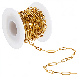 Real 18K Gold Plated 5M 304 Stainless Steel Paperclip Chains, Drawn Elongated Cable Chains, Soldered, with Spool, Ion Plating(IP), with 1Pc Plastic Empty Spool, Real 18K Gold Plated, 4x0.5mm