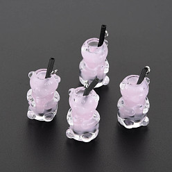 Pink Непрозрачные смоляные подвески, имитирующие чай с пузырьками, Полимерная глина внутри, с акриловой чашкой и железной фурнитурой, медведь, розовые, 24~32x14x13 мм, отверстие : 1.8 мм