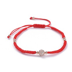 Rose Gold Adjustable Nylon Thread Braided Bead Bracelets, Red String Bracelets, with Brass Micro Pave Cubic Zirconia Beads and Brass Beads, Round, Red, Rose Gold, 2-1/8 inch~3-5/8 inch(5.4~9.2cm)